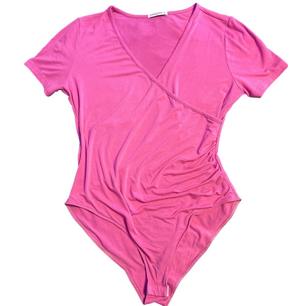 MANGOPop Women's Hot Pink Surplice Wrap Ruched Short Sleeve Bodysuit Size Large